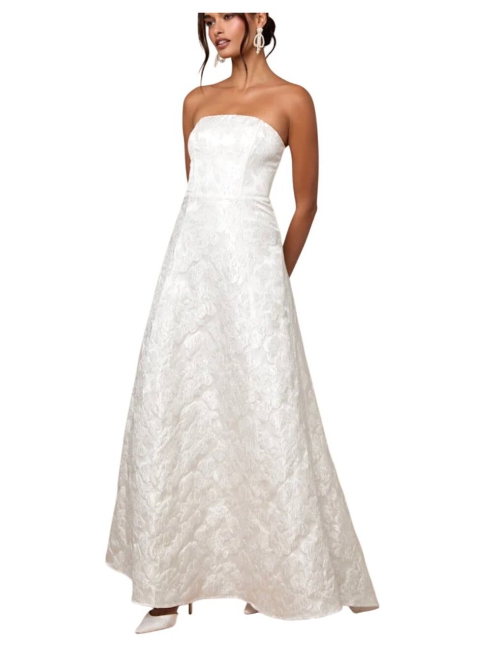 Lulus Tressa White Floral Jacquard Strapless Maxi Wedding Dress Sz XS Bridal